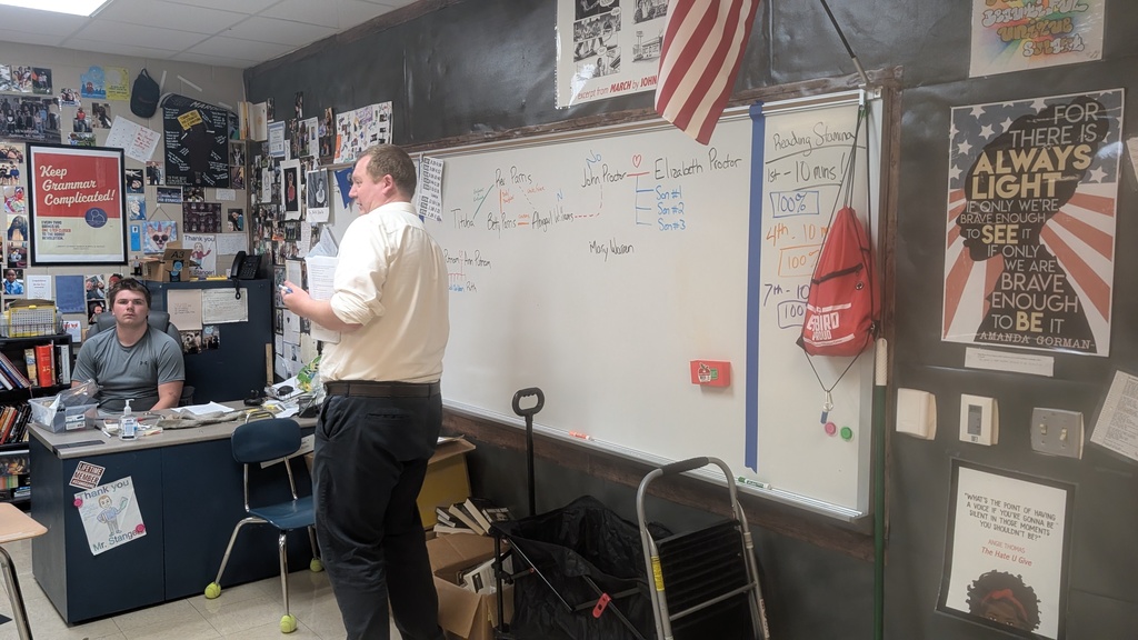 Mr. Stanger going over the character chart and reviewing relationships for The Crucible. 