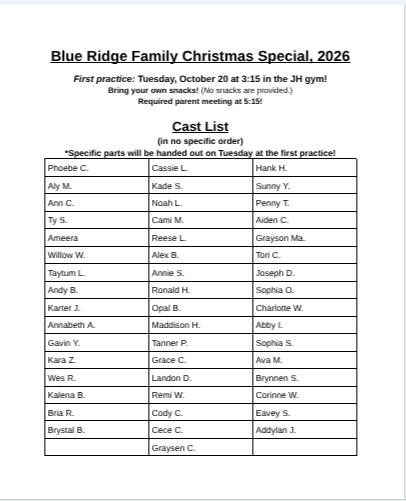 Casting 2026 BRIJHS Family Christmas Special
