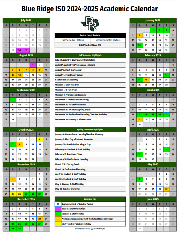 Blue Ridge ISD Board Of Trustees Approves 2024 2025 Academic Calendar