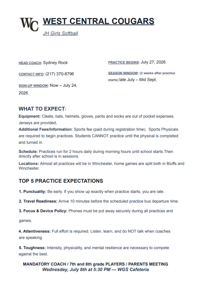 JH Girls Softball information including expectations for players and meeting information.
