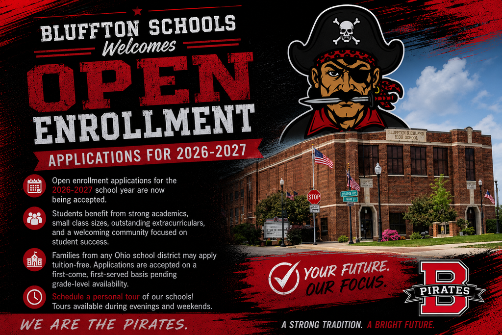 An advertisement poster with a pirate mascot, bold text, and a building in the background.