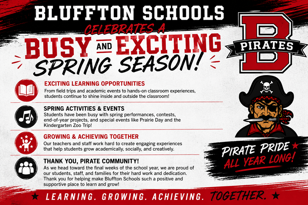 A promotional poster highlights Bluffton Schools' spring season with text and images, including a pirate mascot and bullet points for activities.