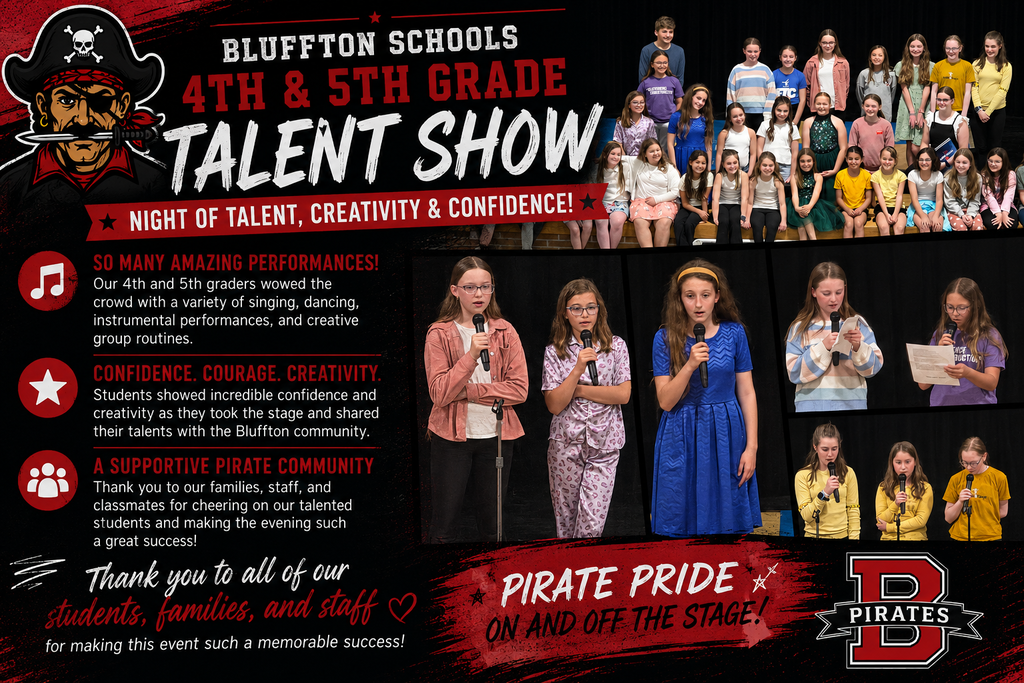 A poster advertises the Bluffton Schools 4th and 5th grade talent show with images of children performing.