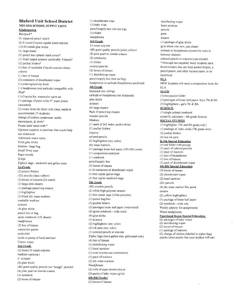 Bluford Grade School supply list for 25-26