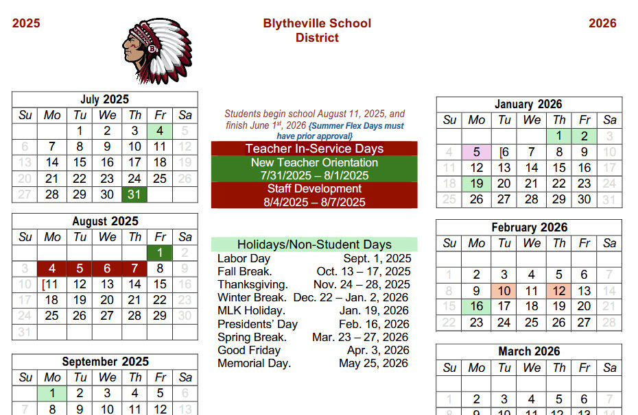 Blytheville Public Schools 2025-2026 School Calendar
