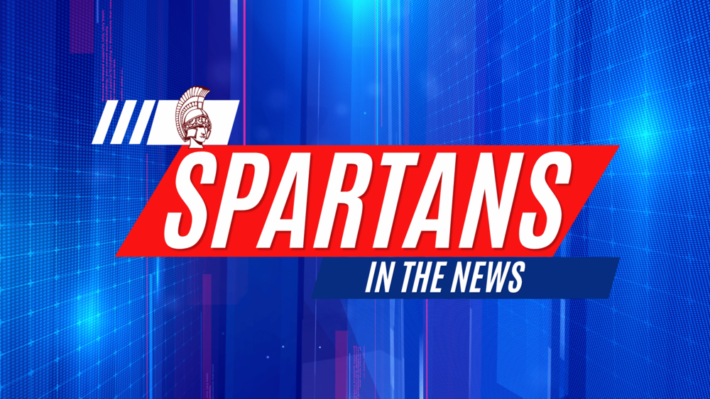 Blue White and Red Spartan in the News graphic