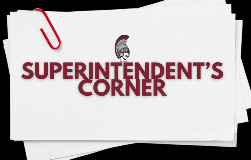 superintendent's corner on index cards with paper clip and spartan head