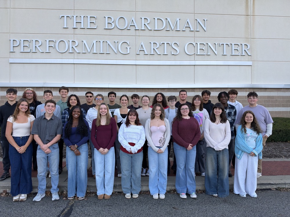 Orchestra seniors posed in front of the Boardman Performing Arts Center