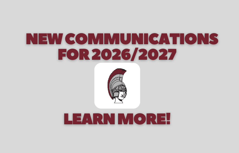 New Communications for 2026-27 with spartan app logo with a spartan head on white background