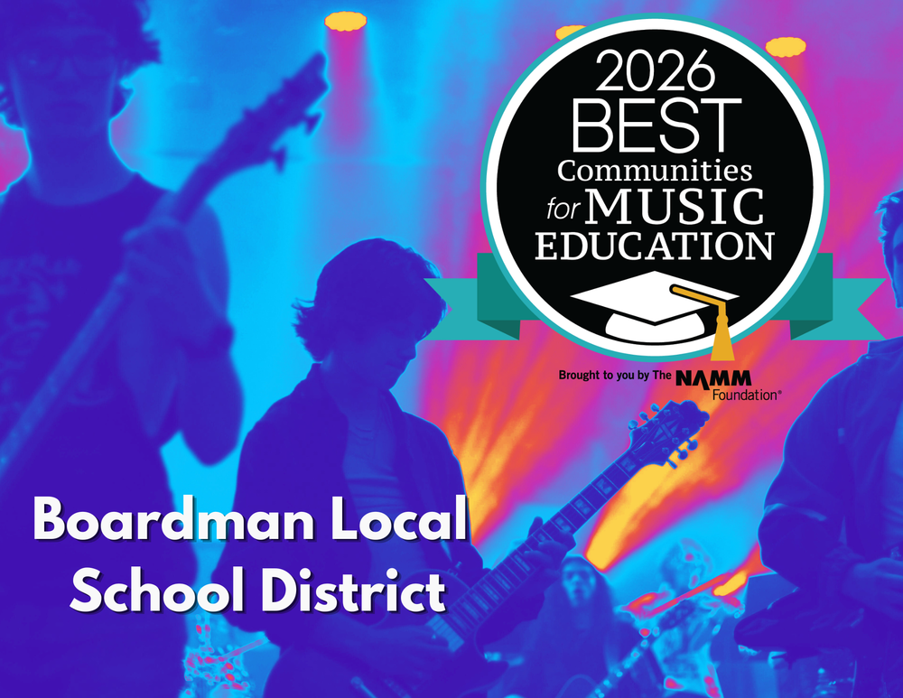 Students playing guitars with Best Community For Music Education 2026 award