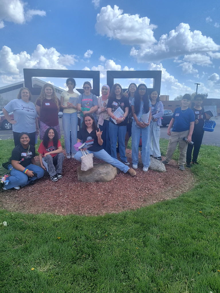 7th and 8th grade students standing together outside before YSU English Festival