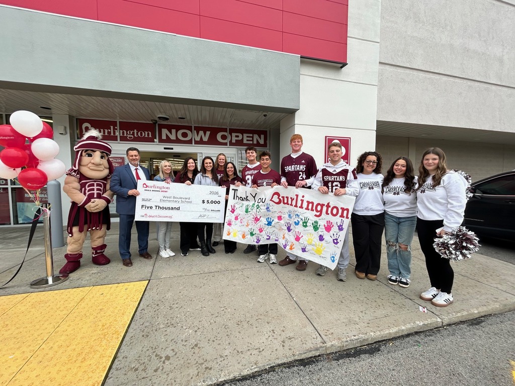 Boardman athletes, cheerleaders, 5 West Blvd. teachers Principal Cervello and Sparty in front of Burlington