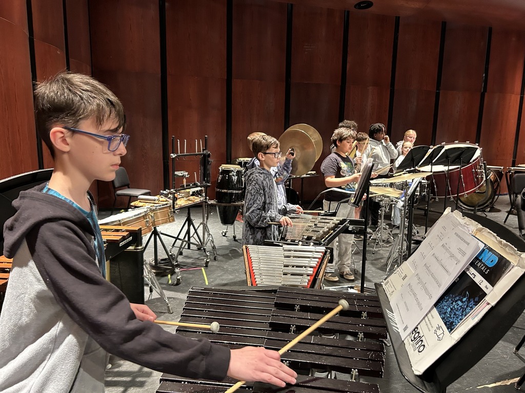 percussion section with the xylophone in the forefront and cymbals and drums behind