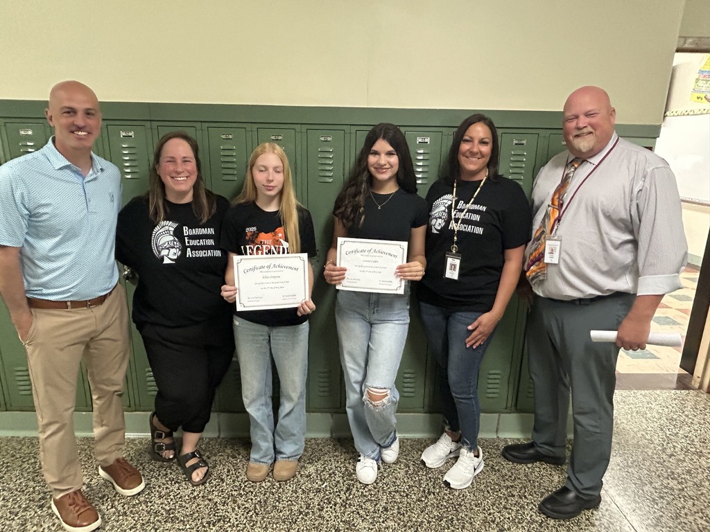 two students with perfect ELA scores with teachers ms. resch and mrs. strines and supt. neifer and mr. cardillo