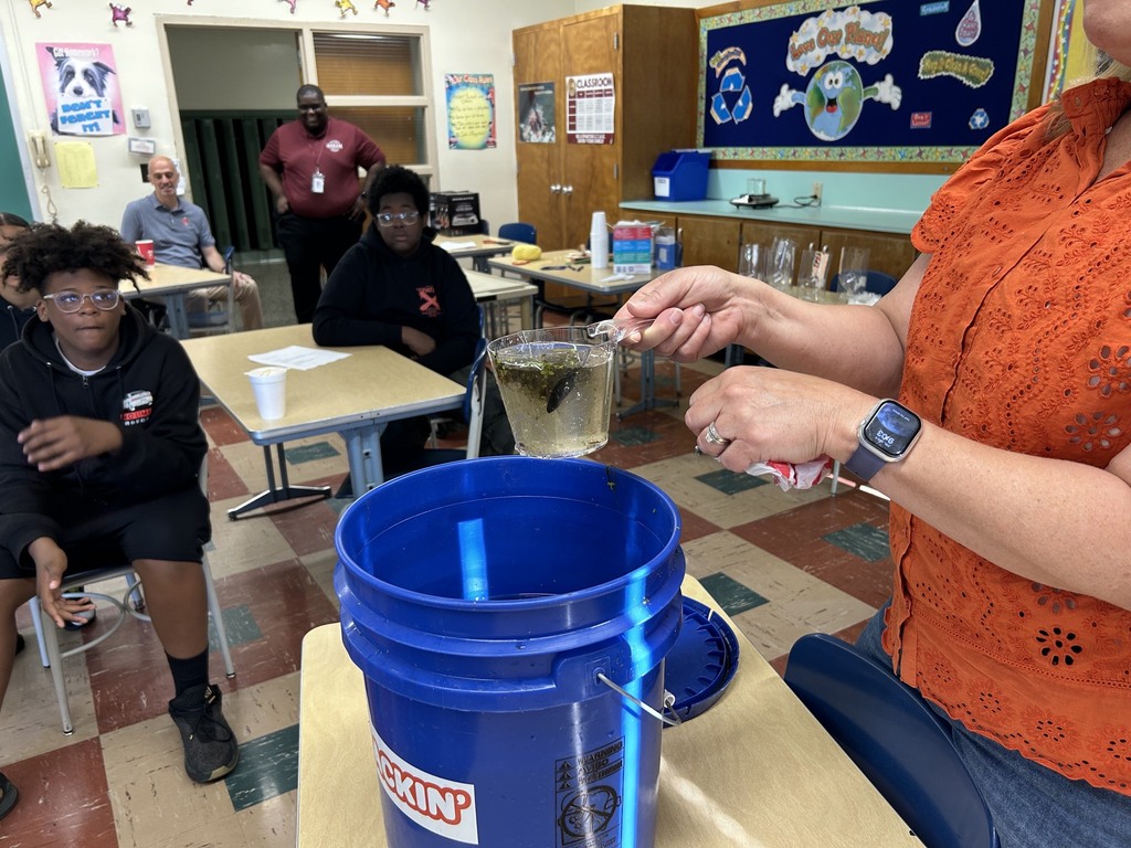Mrs. Neifer showing students  what the pond water looks like before filtration