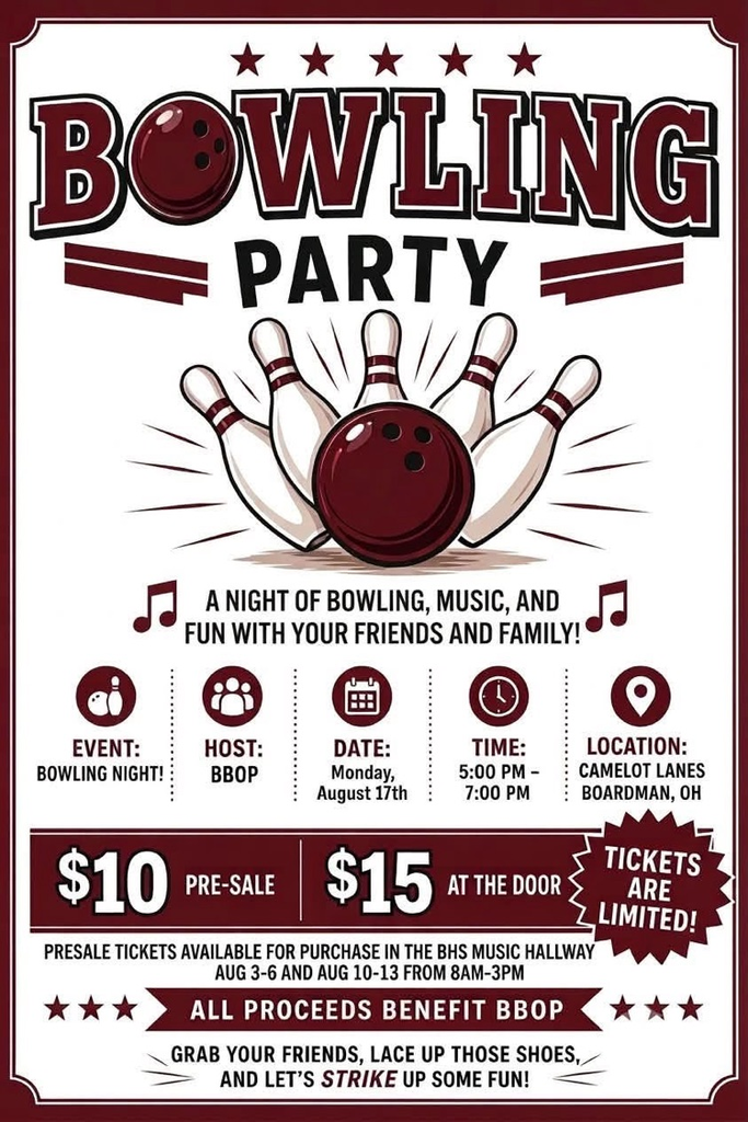 tickets available BBOP Bowling party selling August 10-13 for Aug. 17 event at Camelot Lanes