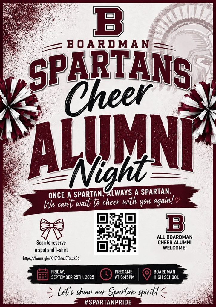 spartan cheer Alumni Night Friday Sept. 25. scan code to reserve a spot and a T-shirt