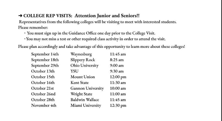 Dates for College representative visits