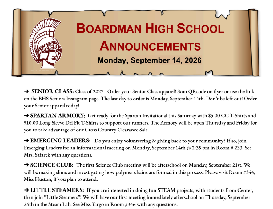 BHS Announcments Senior Class, Spartan Armory, Emerging Leaders, Science Club and Little STEAMERS