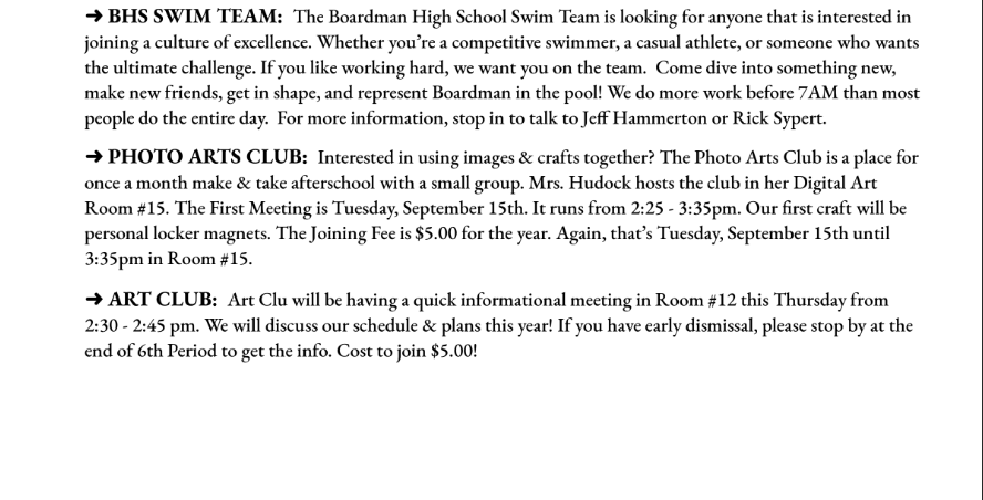 BHS announcements BHS Swim, Photo Arts Club and Art Club