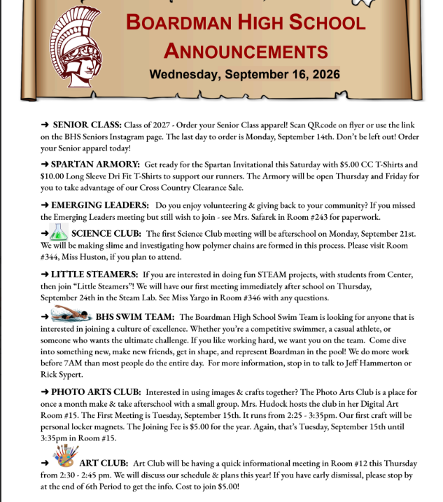 BHS Announcements for Wednesday, September 16