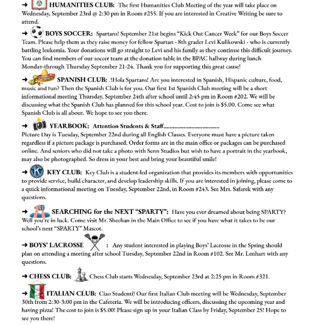 page 2 of bhs announcements for sept. 21