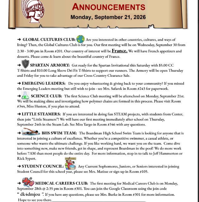 page 1 of bhs announcements for sept. 21 