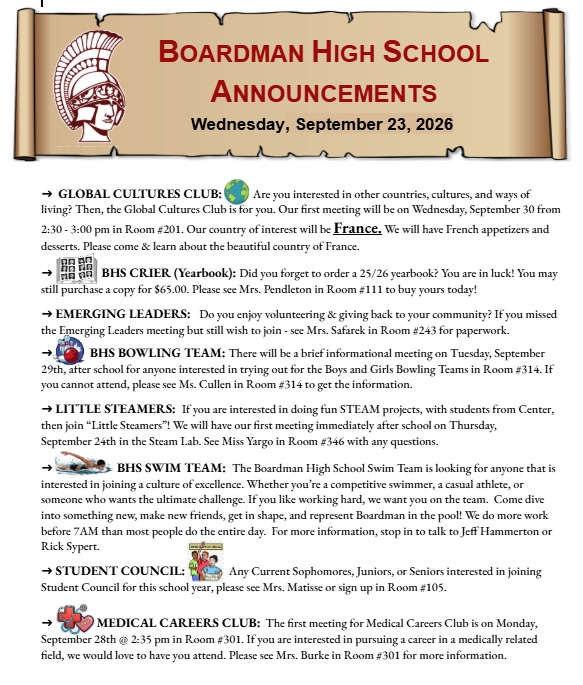 announcements clubs and student council