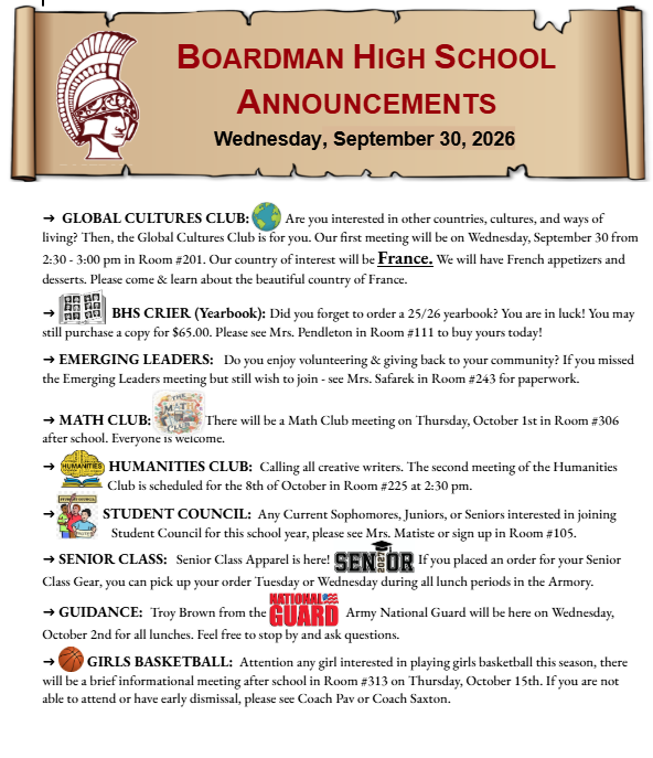 BHS Announcements 9/30 