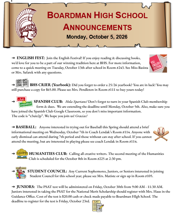 BHS announcements Oct. 5 2026