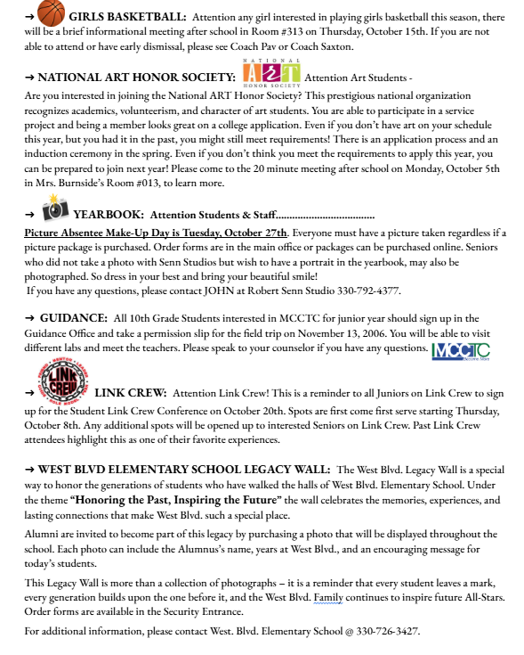 BHS announcements Oct. 5 2026