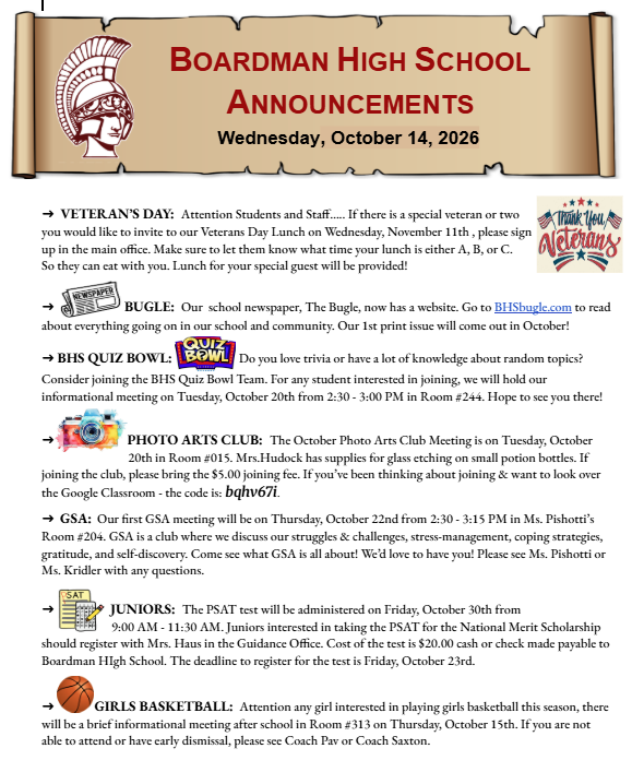 BHS announcements Oct. 14 Vets Day, Bugle, photo arts, GSA