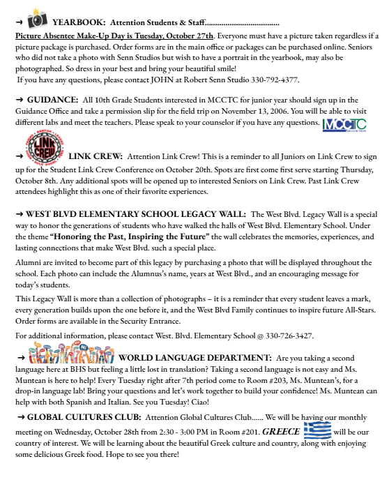 page two of bhs announcements for oct. 14