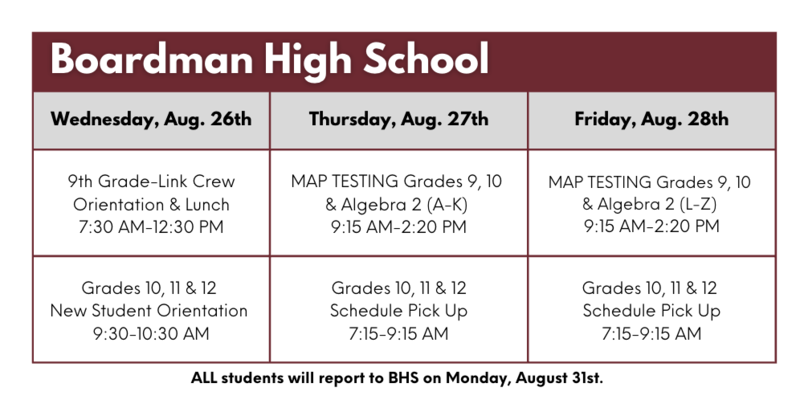 BHS schedule orientation day Aug. 26, MAP Testing by alphabet for 9th, 10th and algebra 2 on Aug. 27 & 28 by last names