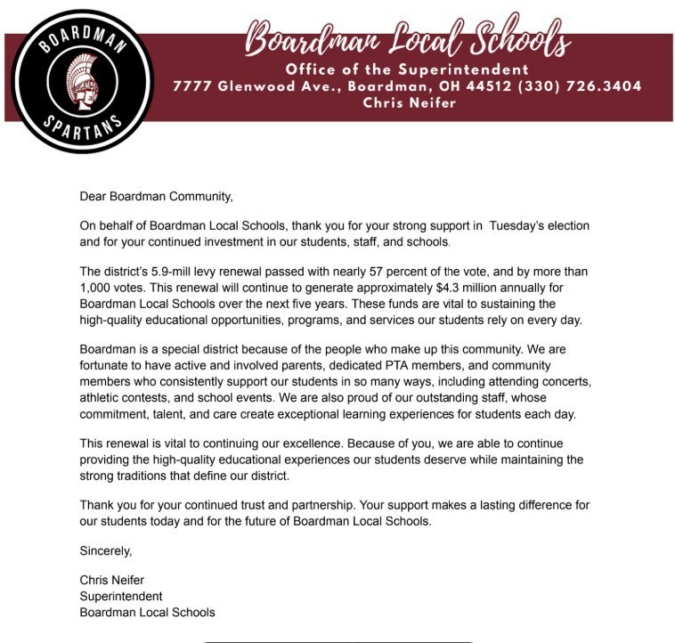 Superintendent's Letter thanking the community for supporting the 5.9 mill renewal levy