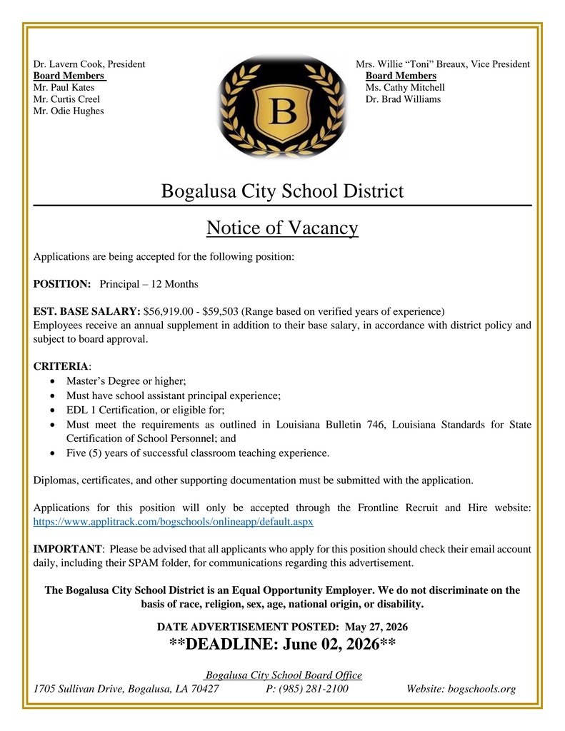 Job opening for principal