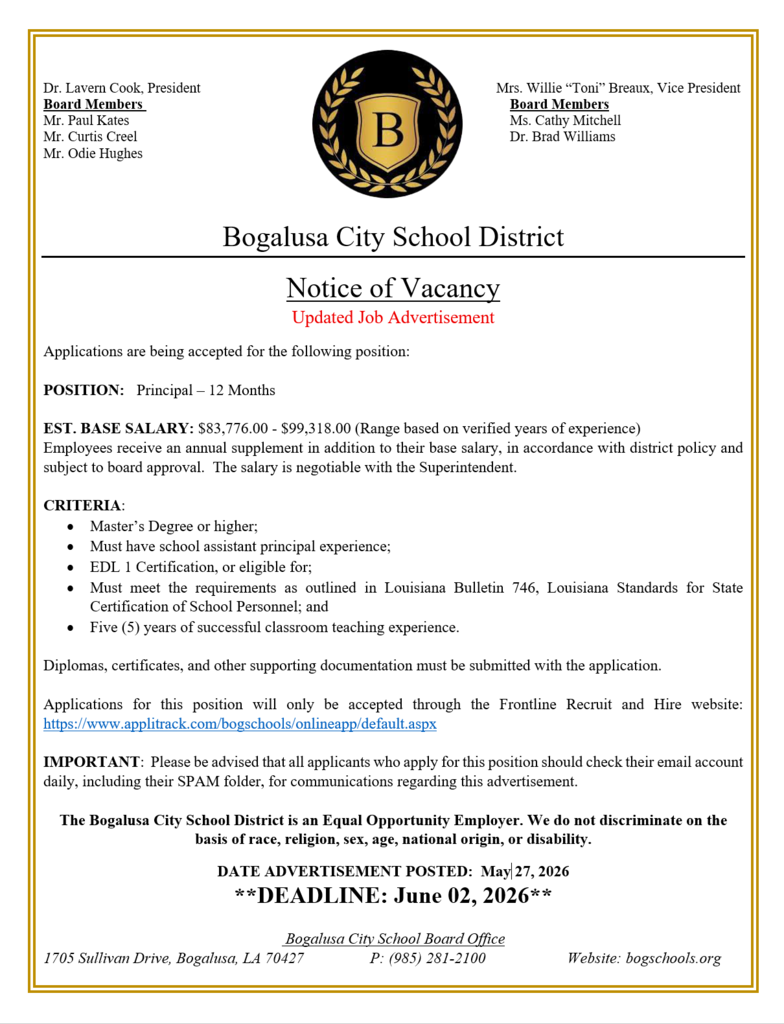 Notice of Vacancy:  Principal Position