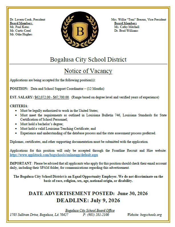 Data and School Support Coordinator Job Opening