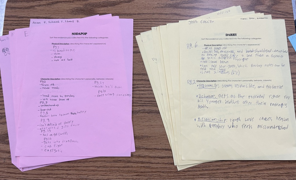 In 7th Grade ELA, students worked through the Article of the Week routine for the third time. Each week, students read, analyze and write about a nonfiction article using what they have learned about POWeR cycles. This week's article, "Laughter is the Best Medicine", discusses the physical, cognitive and social-emotional benefits of laughter. This week, students also began characterizing the greasers from our class novel study, The Outsiders. In small groups, students were tasked with describing assigned characters using evidence from Chapter 1 of the text. Students paid particular attention to physical description (how characters appear externally) and character descriptions (how characters feel/act/behave). 