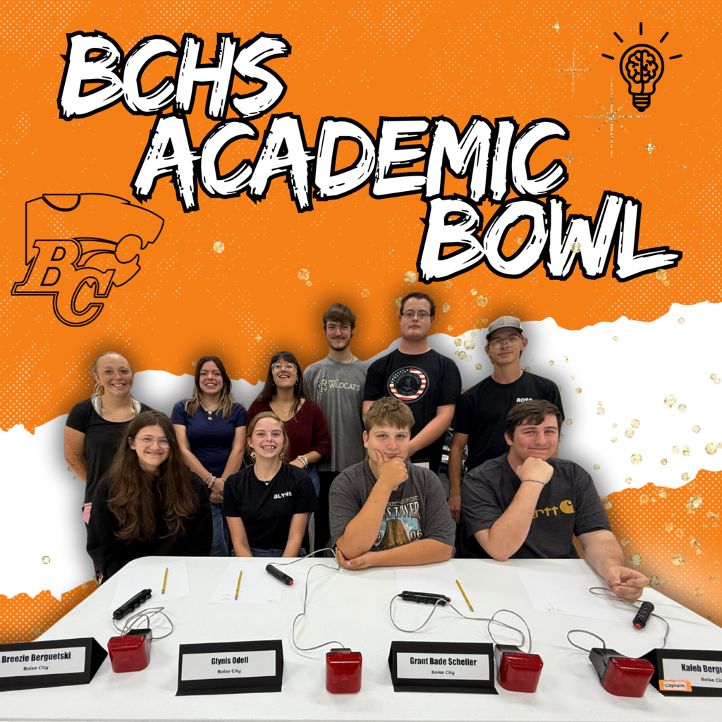 Academic Bowl Wins with photo of ten students smiling and posing in a silly way with hands in chins.  Seated at a table with lights and buzzers.