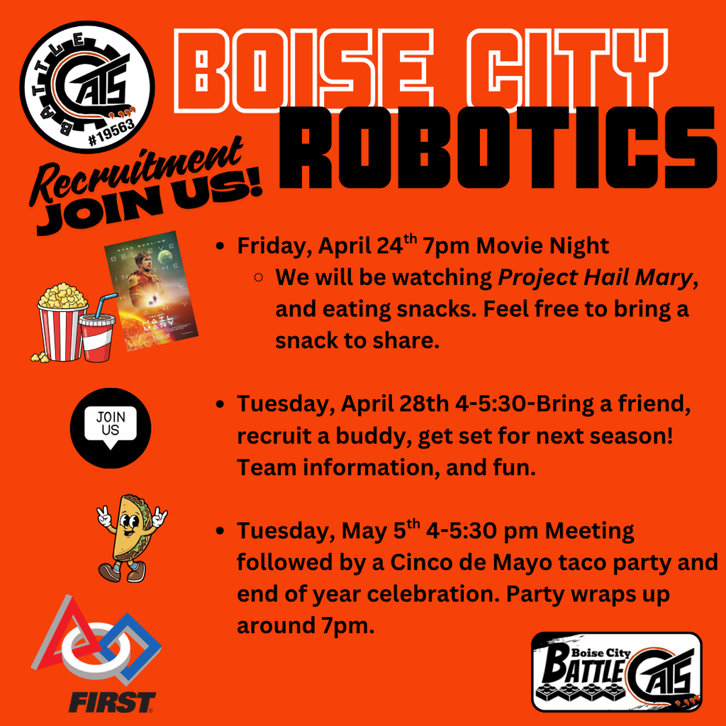 Image contains text of post and logos for the robotics team on an orange background.