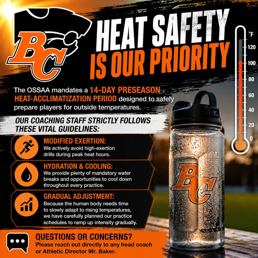 Square graphic promoting Boise City Public Schools' heat safety procedures for student-athletes. The Boise City 'BC' logo appears in the upper left, with a large headline reading 'Heat Safety Is Our Priority.' The design uses the school colors of orange, black, and white, with a sunlit background, a thermometer graphic, and a water bottle featuring the school logo. The graphic explains that coaches follow the OSSAA's 14-day preseason heat acclimatization guidelines, including modified exertion during peak heat, mandatory hydration and cooling breaks, and gradually increasing practice intensity. At the bottom, it encourages parents to contact a head coach or Athletic Director Mr. Baker with any questions or concerns.