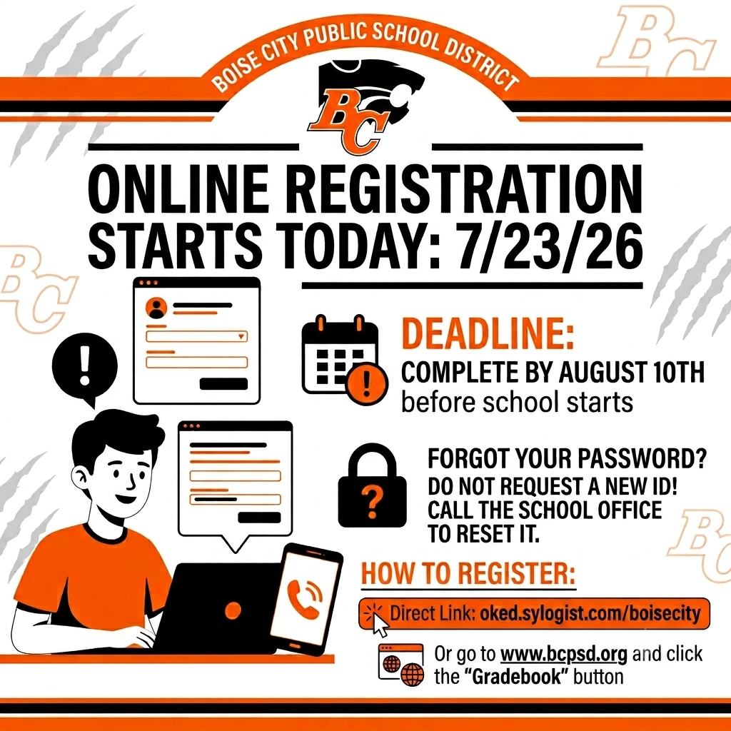 Square social media graphic for Boise City Public School District featuring a white, orange, and black color scheme with the BC Wildcats logo at the top center.      Header Text: "BOISE CITY PUBLIC SCHOOL DISTRICT — ONLINE REGISTRATION STARTS TODAY: 7/23/26"      Graphics: On the left, an illustration of a student at a desk using a laptop next to a smartphone.      Content Sections (Right Side):          Deadline: "COMPLETE BY AUGUST 10TH before school starts" accompanied by a calendar icon.          Password Reminder: "FORGOT YOUR PASSWORD? DO NOT REQUEST A NEW ID! CALL THE SCHOOL OFFICE TO RESET IT." with a padlock icon.          How to Register:              Direct Link: [oked.sylogist.com/boisecity](https://oked.sylogist.com/boisecity)              Website Option: "Or go to www.bcpsd.org and click the 'Gradebook' button"