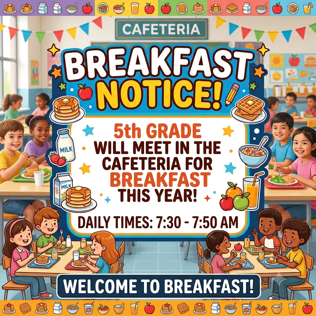 Brightly illustrated 1:1 graphic announcing school breakfast details. The text in the center reads: "BREAKFAST NOTICE! 5th Grade will meet in the cafeteria for breakfast this year! DAILY TIMES: 7:30 - 7:50 AM. WELCOME TO BREAKFAST!" The text is framed by colorful cartoon illustrations of elementary students eating pancakes and cereal in a cafeteria, flanked by graphics of breakfast food, milk, and fruit.