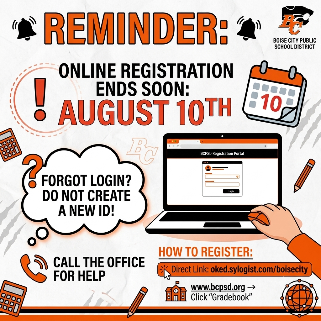 An illustration with an orange and white color scheme and the Boise City Public School District logo. The image serves as a reminder for online registration, with text indicating that registration ends on August 10th. It includes a graphic of a person using a laptop, icons for calling the office for login help, and a section titled "HOW TO REGISTER:" with a direct link and school website address.