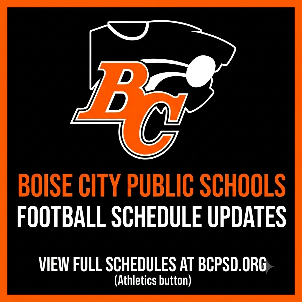 Here is a clear, accessible alt text for the graphic: Alt Text: A square social media graphic for Boise City Public Schools with a solid black background and a bright orange border (#FE5C00). At the top center is the Boise City Wildcats logo, featuring a black powercat silhouette behind an orange block letter "BC" outlined in white and black. Below the logo, bold text reads: "BOISE CITY PUBLIC SCHOOLS FOOTBALL SCHEDULE UPDATES." At the bottom, white text instructs viewers to "VIEW FULL SCHEDULES AT BCPSD.ORG (Athletics button)."