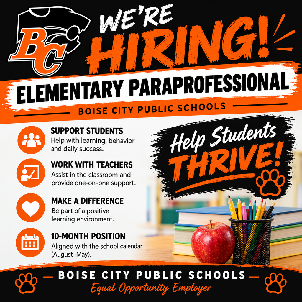 Boise City Public Schools hiring graphic for an Elementary Paraprofessional. The orange, black, and white Wildcat-themed graphic highlights supporting students, working with teachers, making a difference in a positive learning environment, and a full-time 10-month schedule aligned with the school calendar.
