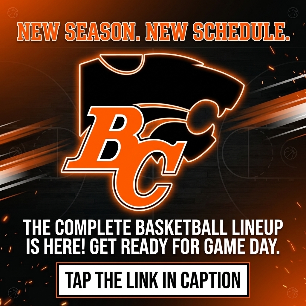 Basketball schedule announcement graphic featuring the BC Wildcat logo with text reading "NEW SEASON. NEW SCHEDULE. TAP THE LINK IN CAPTION."