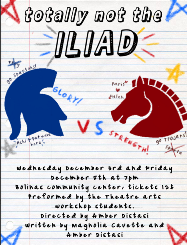 Totally not the Illiad Wed Dec 3rd and friday dec 5 at 7 pm bolinas community center tickets 12 dollars performed by the theatre arts workshop students directed by amber distaci written by magnolia cavette and amber dictaci