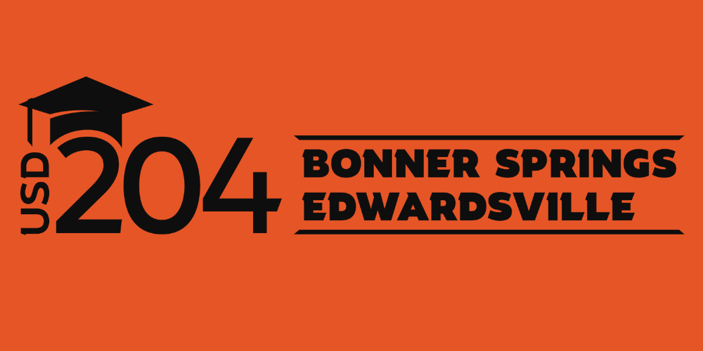 USD 204 Bonner Springs Edwardsville logo featuring a black graduation cap graphic over the word ‘USD’ and the number ‘204’ in bold black text on an orange background.
